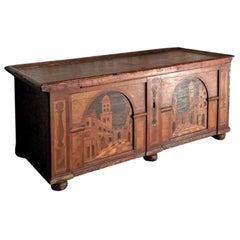 Grand coffret baroque précoce en marqueterie architecturale alpine