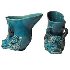 Pair of Chinese Peacock Blue Rhyton Libation Cups