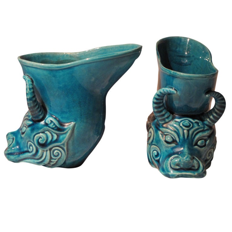 Pair of Chinese Peacock Blue Rhyton Libation Cups