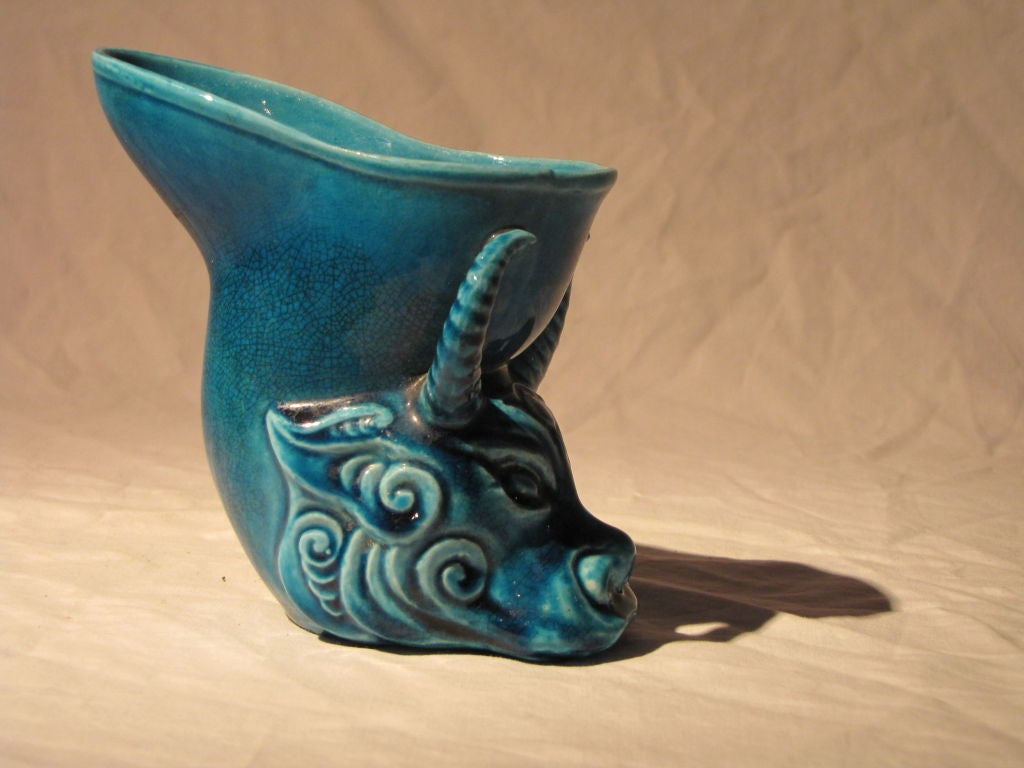 18th Century and Earlier Pair of Chinese Peacock Blue Rhyton Libation Cups