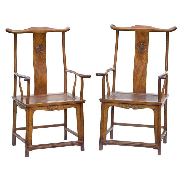 Extremely Rare Pair of Chinese Huanghuali Yokeback Armchairs For Sale