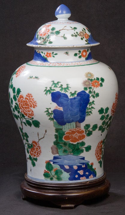 Chinese Temple Jar Decorated in Underglaze Blue and Overglaze<br />
Enamels Depicting a Regal Phoenix Astride a Rock Formation Surrounded by Chinese Tree Peonies