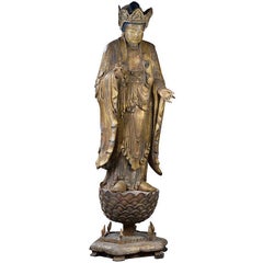 Large Japanese Gilded Wood Sculpture Of Kannon