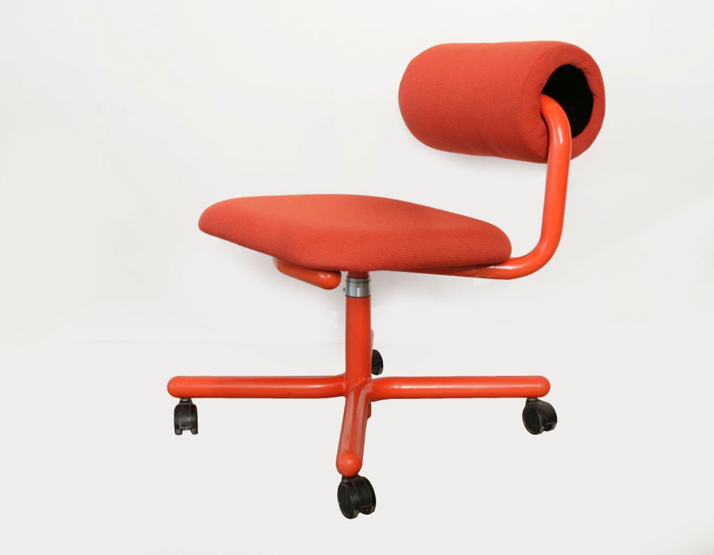 Pre production 'Roll Back' chair designed by Ray Wilkes for Herman Miller circa late 1970's. This chair was purchased from a former Herman Miller executive and was the prototype for this limited production chair. It features an orange metal frame