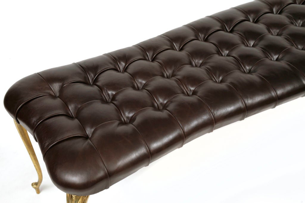 Mid-20th Century Tufted Leather & Brass Italian Bench