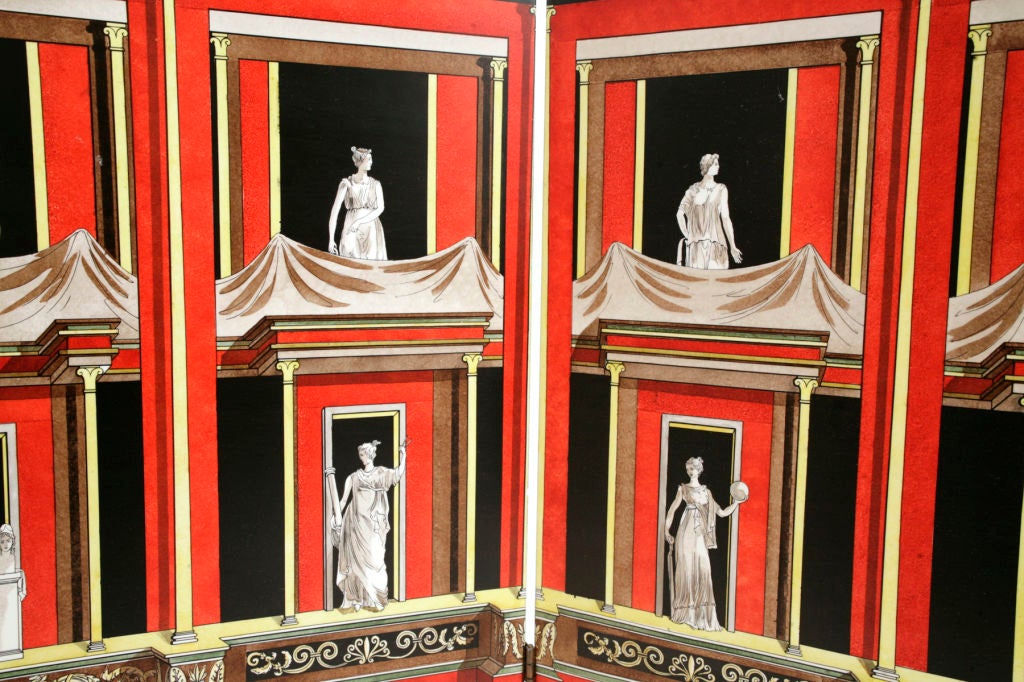 4 panel 'Pompeiana' screen by Piero Fornasetti. This exquisite colorful play on life in Pompeii has motifs of ancient Greece that are hand transferred colored and lacquered in vibrant hues. This example is signed and numbered one of two and was done