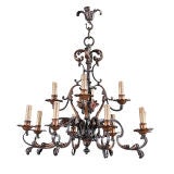 Wrought Iron Gilt and Polychrome Chandelier