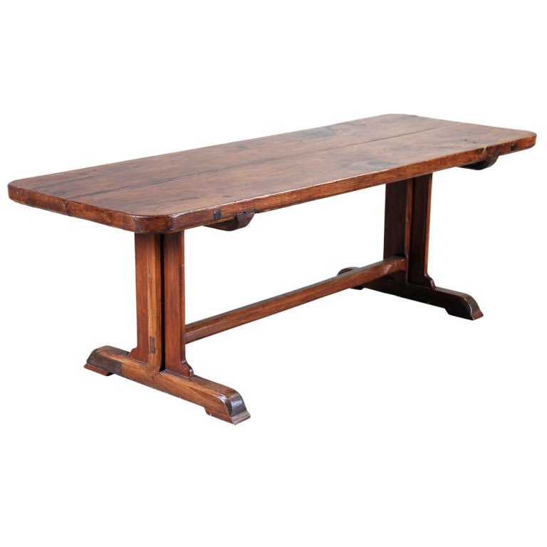 Oak Farm Table with Thick Top on Trestle Base For Sale