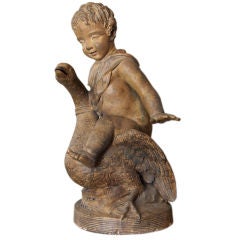 Large French Terracotta statue of a young boy on a goose