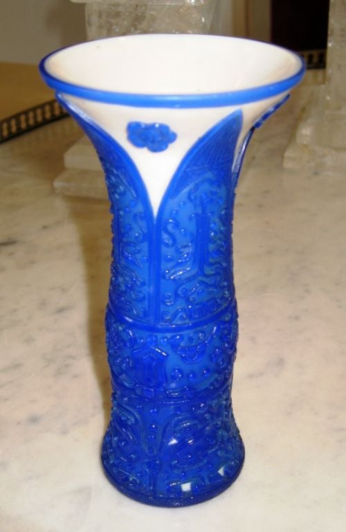 20th Century Chinese Peking Glass Blue and White Vase For Sale