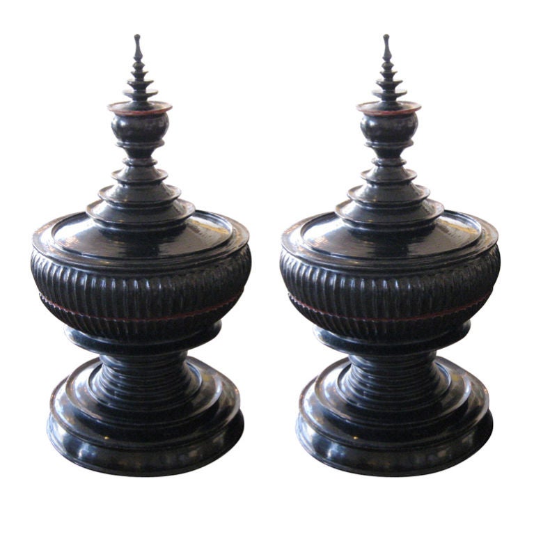 Pair of 19th Century Black Lacquer Burmese Khantoke For Sale