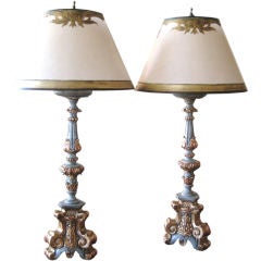 Pair of Hand Carved Polychrome and Gilt Wood Candlestick Lamps