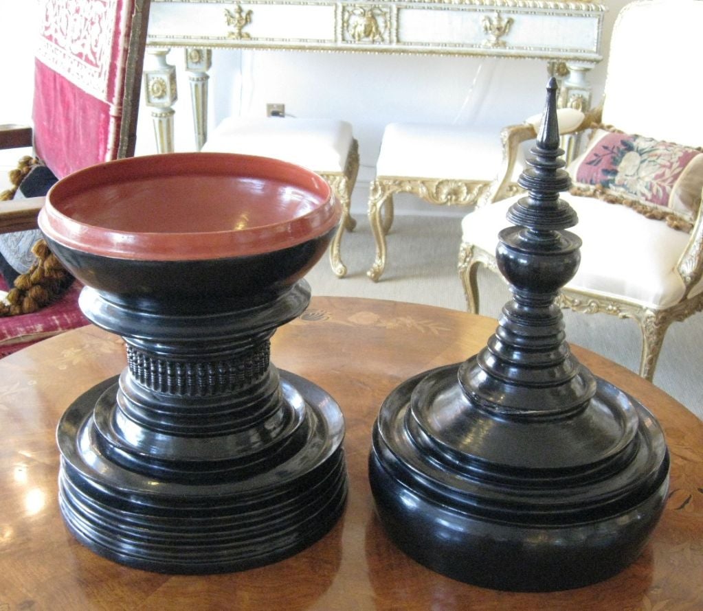 Burmese 19th century Buddhist offering vessel in black lacquer with a red lacquer interior. Khantokes were used for offerings of food and alms. A very interesting decorative accent in any decor.