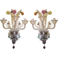Pair of Venetian Glass Three Arm Sconces
