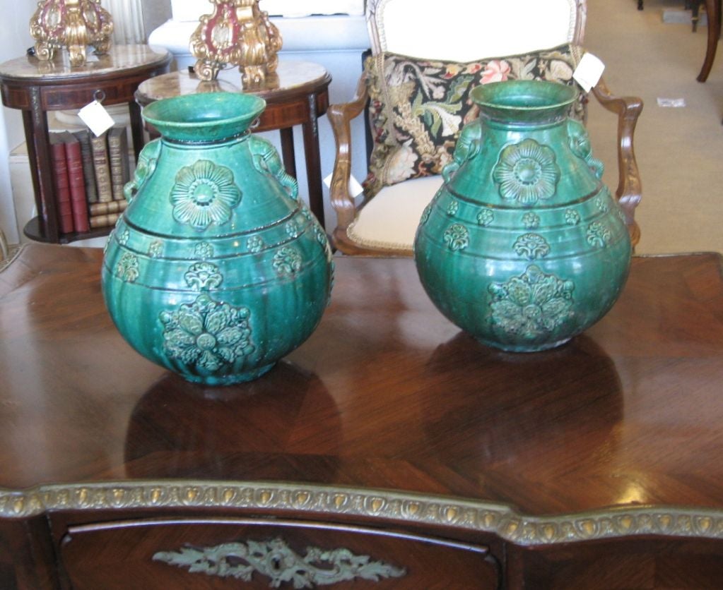 Pair of 19th Century Chinese Green Glazed Vases