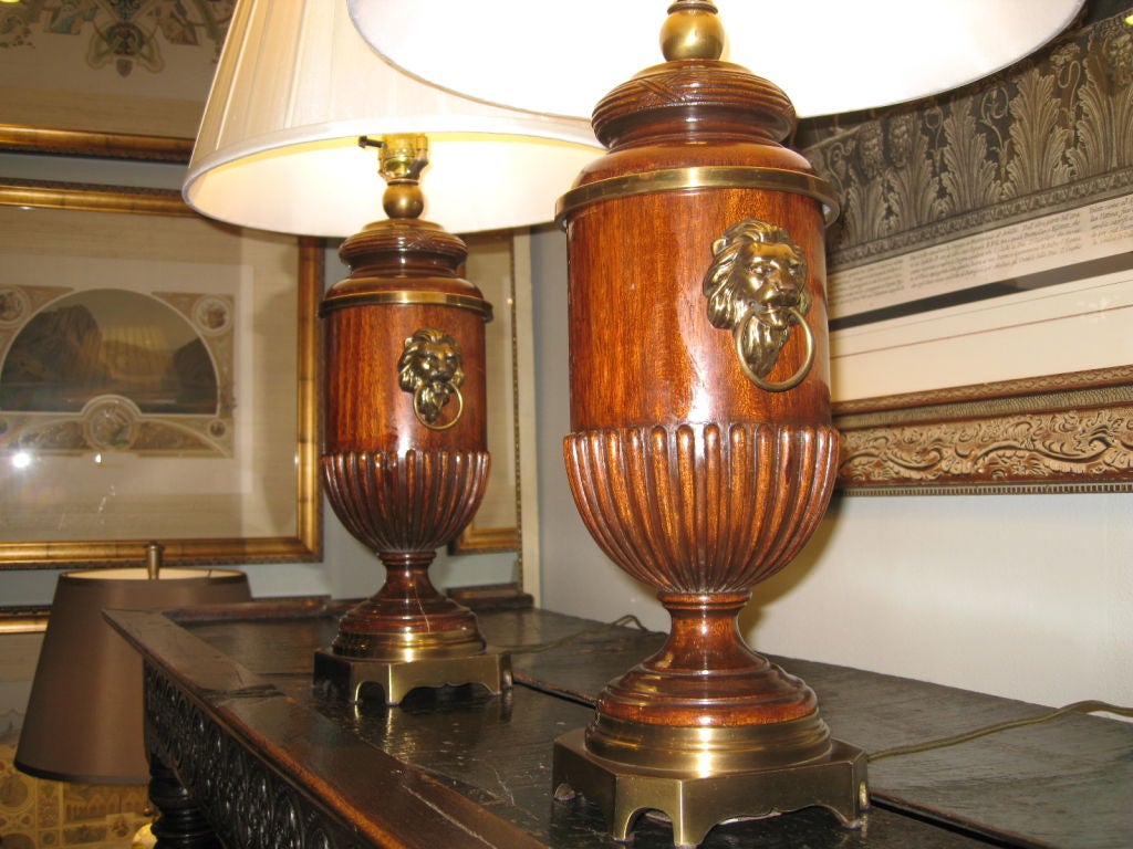 Pair of Vintage Oak Urn Lamps with Lions Head Brass Rings