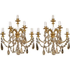 Pair of French 19th Century Dore Bronze and Crystal Sconces