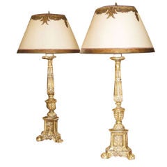 Pair of Hand Carved Gilt Wood Italian Style Candlestick Lamps