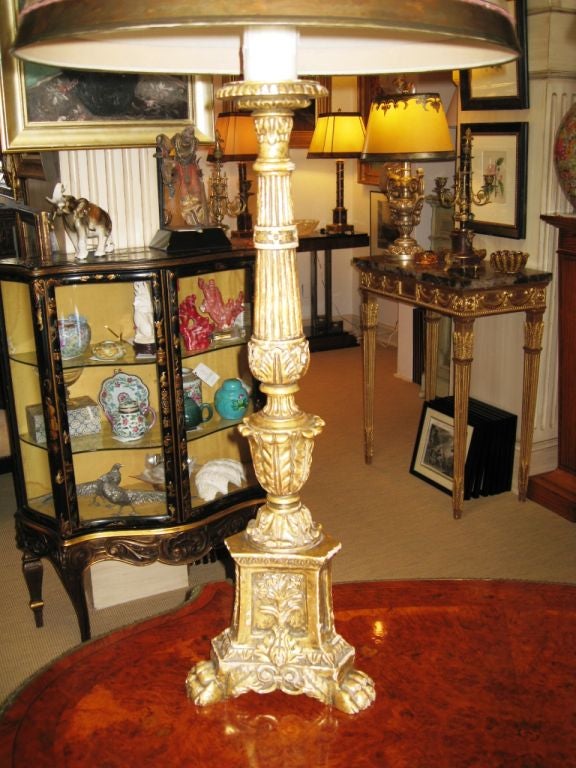 Pair of Hand Carved Gilt Wood Italian Style Candlestick Lamps