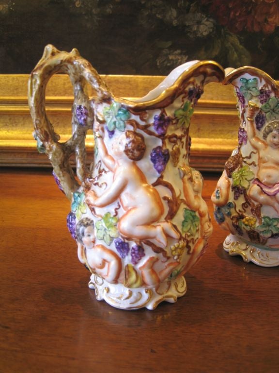Hand-Painted Pair of Italian Capodimonte Polychrome Ewers For Sale