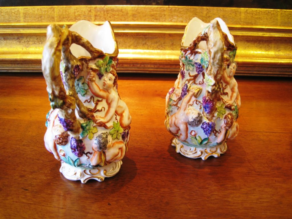 Porcelain Pair of Italian Capodimonte Polychrome Ewers For Sale