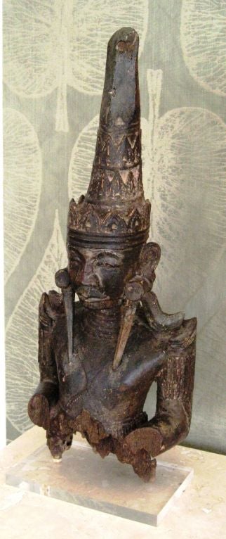 18th Century Burmese Carved Wood Bust of Buddha