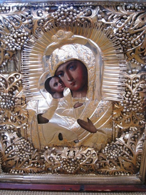 Glass 19th Century Russian Icon of the Mother of God of Tenderness For Sale