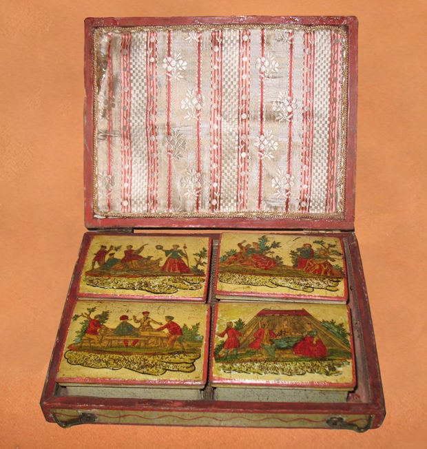 Italian An arte de povera painted Venetian box with interior card cases.