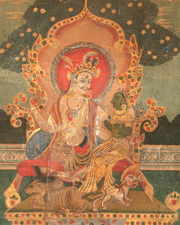 Small Nepalese painting on handmade paper of a divine noble figure with four arms, seated on a throne with his consort. Below the throne can be seen a Brahma bull and lion.