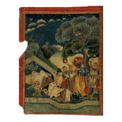 Small Nepalese Painting of Krishna with Wives and Sacred Bulls