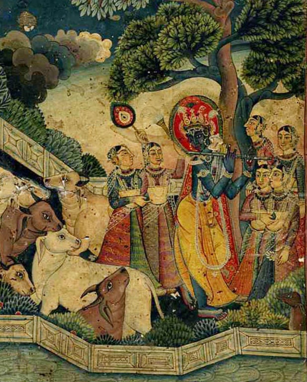 Finely painted small image of Krishna playing his flute in the company of his wives and sacred bulls. This delightful, iconic image has exquisite details and subtle, saturated colors.