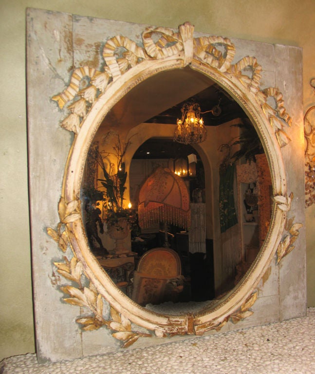 18th Century French Painted Giltwood Mirror with Bows & Garland