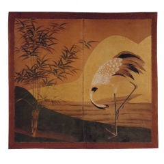 Japanese Screen: Painting of Crane with Bamboo.