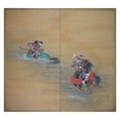 Japanese Screen: Painting of Samurai at Uji River