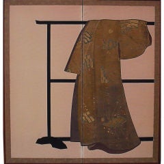 Japanese Screen: Painting of Kimono Fabric and Rack.