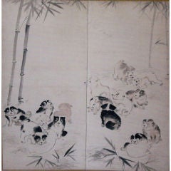 Japanese Screen: Painting of  Romping Puppies in a Bamboo Grove.