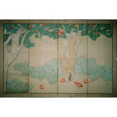 Japanese Screen: Painting of Camellia Tree.