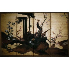 Japanese Screen: Painting of  Pheasant, Birds in a  Landscape.