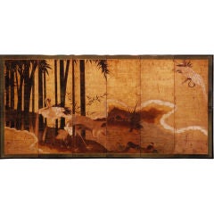 Japanese Screen: Painting of  Family of Cranes in Bamboo Grove.