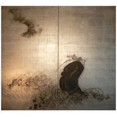 Japanese Screen: Painting of Badger (Tanuki) Dressed as a Monk.