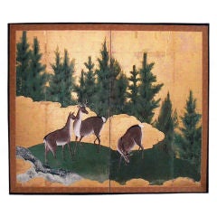 Japanese Screen: Painting of Deer in a Pine Landscape.