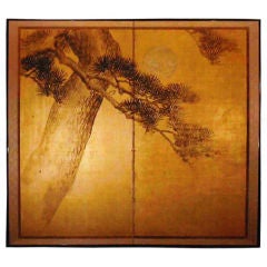 Japanese Screen: Painting of Pine Tree and Moon on Gold.
