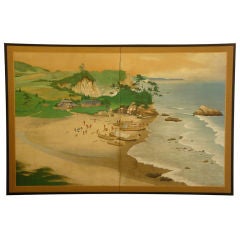 Japanese Screen: Painting of Ainu Fisherman on Silk.