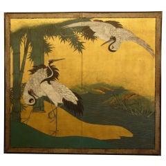 Japanese Screen: Painting of Cranes and Bamboo at Waters edge.