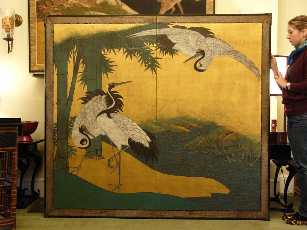 Japanese Screen: Painting of Cranes and Bamboo at Waters edge.