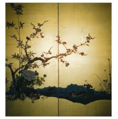 Japanese Screen: Painting Peony, Plum and Bamboo with Ducks