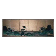 Antique Six Panel Japanese Screen Painting of Japanese Garden Landscape