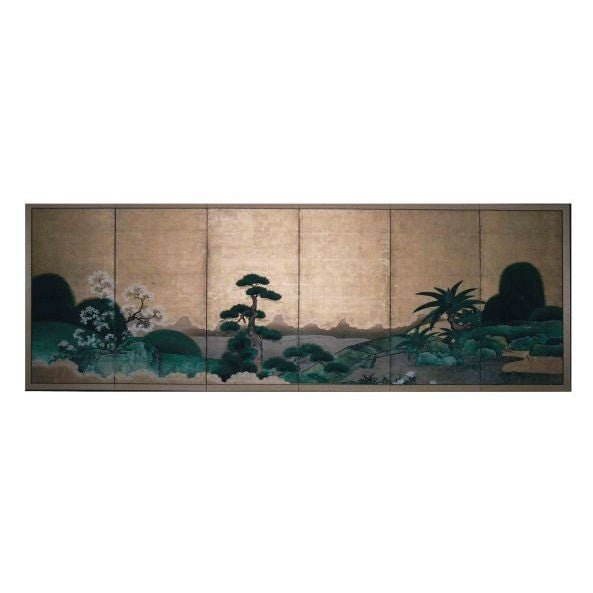 Six Panel Japanese Screen Painting of Japanese Garden Landscape