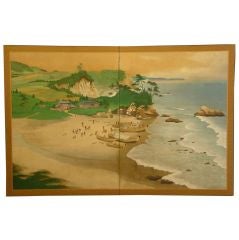 Japanese Screen: Painting of Ainu Fisherman on Silk.