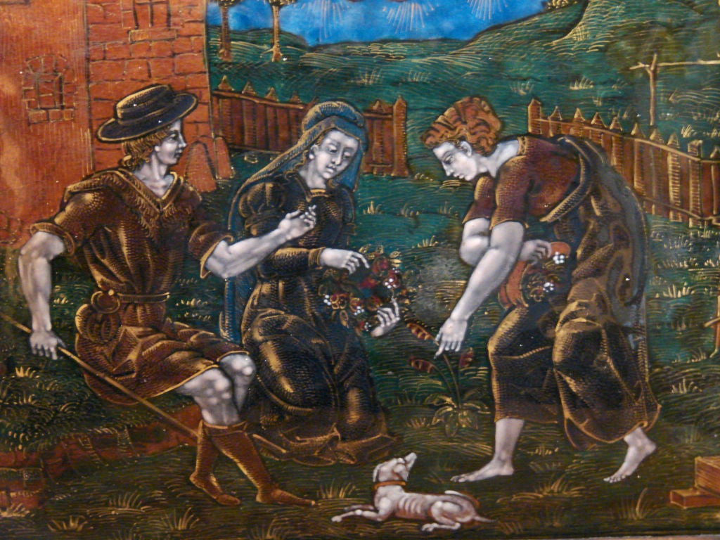 Four French  Limoges Enamel Plaques in Tortoiseshell Frames